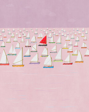 Boat with Red Sail in Fleet of Sailboats with White Sails.