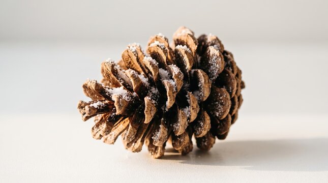 Single frosted pine cone isolated on solid background