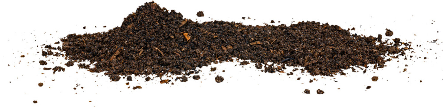 Dark brown fertile organic soil pile scattered compost earth mound isolated on transparent background