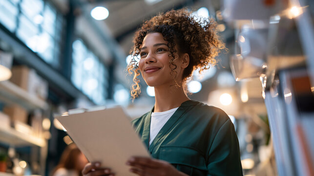 Reviewing an onboarding checklist in a low-angle architectural wide shot: a safety coordinator holds a neutral checklist while standing amid an office workflow where training