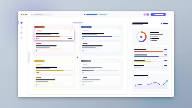 Modern digital dashboard user interface featuring colorful data visualization charts, progress tracking modules, and analytical business metrics in a clean software application layout.
