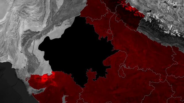 4k Rajasthan india map animation with highlighted state boundaries, dramatic red geographic design