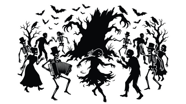 Spooky halloween vector illustration showing dancing skeletons and zombies gathering around a creepy dark tree silhouette