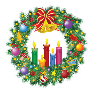 Colorful Christmas Advent wreath with candles and ornaments