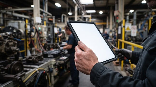 Industrial worker holding a digital tablet with a blank white screen in a manufacturing factory
