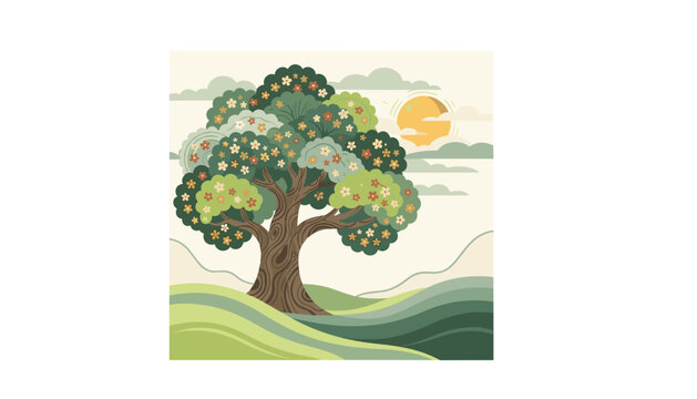 Beautiful blooming tree standing on rolling green hills landscape with sunset sun and clouds in background