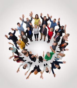 Diverse group of people standing in a circle with arms raised against a white background