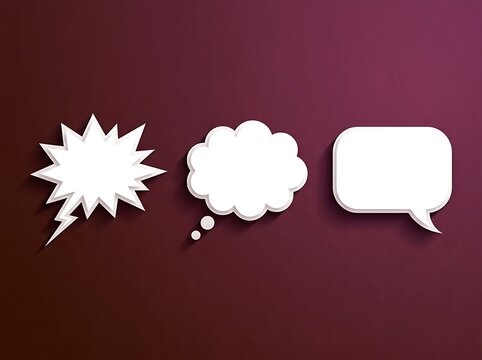 Set of three different white speech bubbles with shadows on a dark purple background, including comic book explosion, thought cloud, and rectangular chat balloon