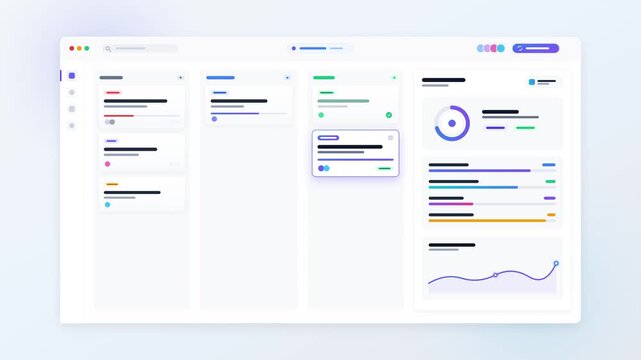 Modern Business Dashboard Interface Featuring Analytics Graphs and Project Management Task Boards in Flat Vector Style for Professional Data Visualization and Corporate Workflow Tracking.