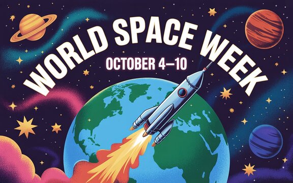 World space week retro rocket launch illustration