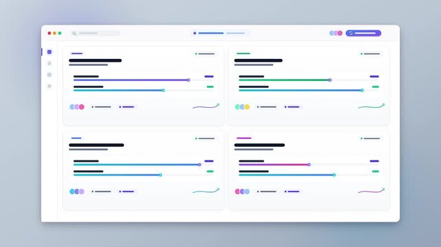 Modern minimalist software dashboard interface featuring flat vector data visualization charts, progress bars, and analytics widgets for business management and web application design.