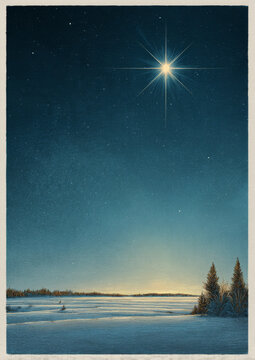 Elegant retro vintage Christmas postcard artwork featuring a luminous winter star above a quiet snowy landscape and evergreen silhouettes. Inspirational celestial holiday design, expansive copy space.
