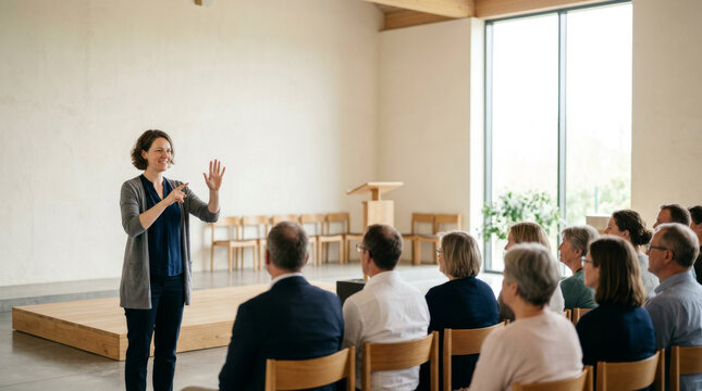 A woman ASL interpreter signs beside a low platform in a bright church hall while a small congregation watches, illustrating deaf ministry and accessible worship. Copy space. Sign language.