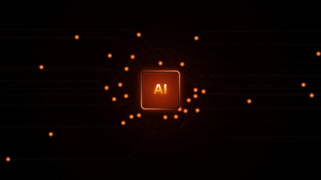 Motion graphics animation of glowing artificial intelligence symbol surrounded by floating particles on dark modern background with neon glow for marketing video