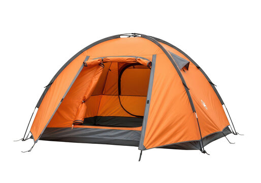 An orange camping tent with open doorway is displayed on transparent background