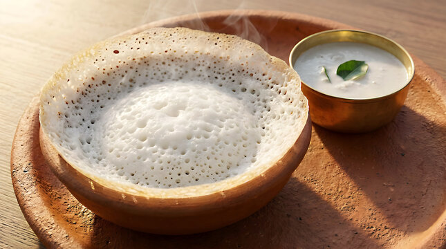 cup of coffee with milk Authentic Kerala Kallappam Rice Hopper Coconut Milk Bowl Morning Breakfast