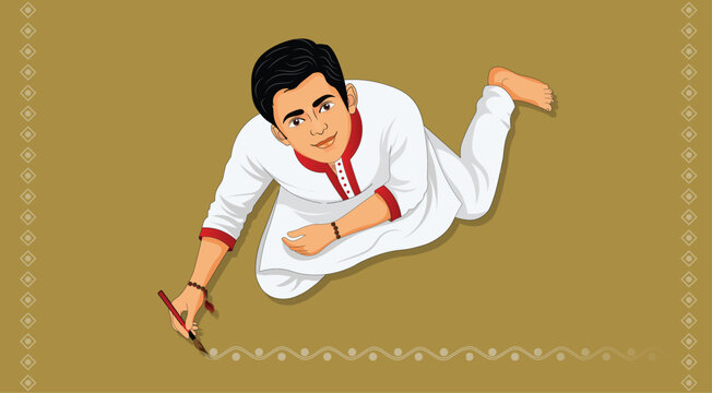 Indian artist drawing auspicious festive alpana on floor vector 