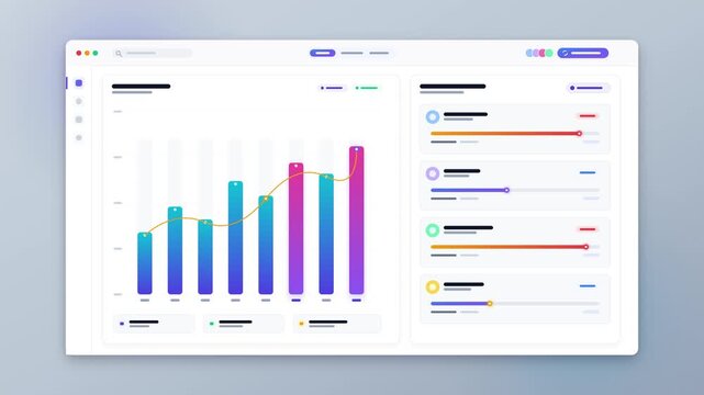 Modern business analytics dashboard featuring colorful data visualization charts, bar graphs, and line metrics on a clean white user interface design for corporate financial reporting.