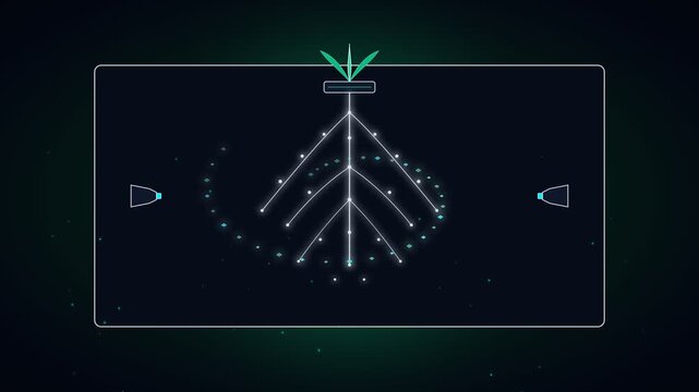 Futuristic digital interface showing abstract roots and network connections glowing in the dark