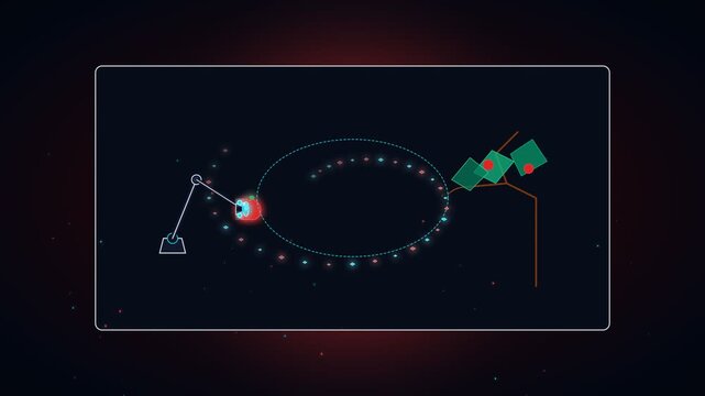Abstract digital graphic with robotic arm and geometric shapes on dark background