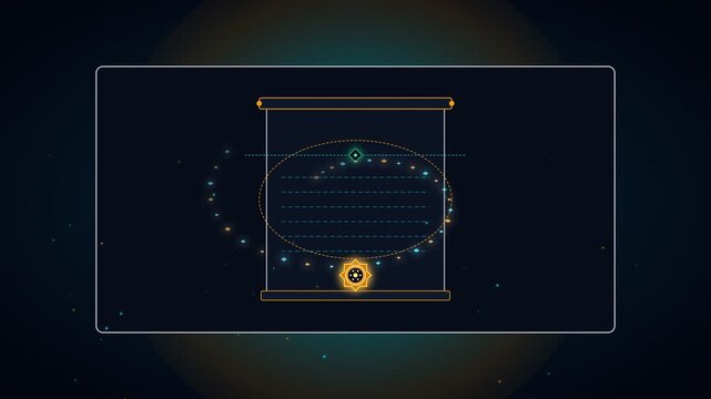 Futuristic digital scroll interface with planetary orbit and celestial navigation elements