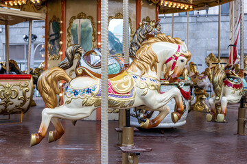 Vintage carousel white horse close up © Mila