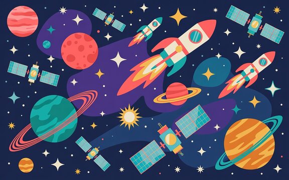 Colorful space scene with planets and rockets