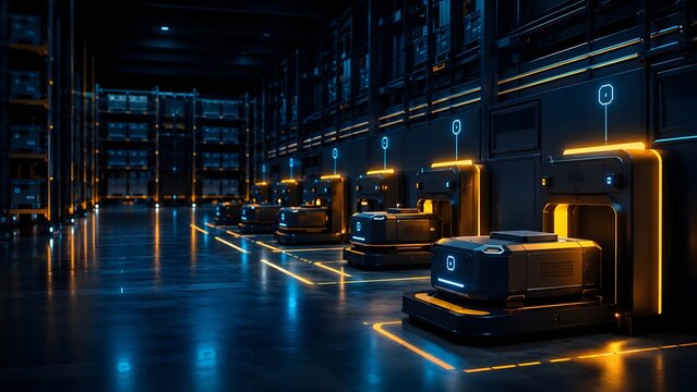 Row of autonomous mobile robots charging in dark futuristic warehouse. Automated logistics system and smart industrial supply chain technology.