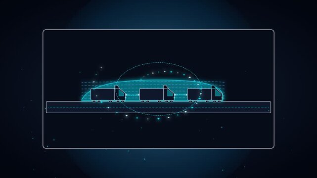 Futuristic digital interface showing autonomous freight trucks driving on highway at night