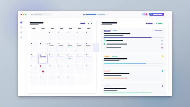 Minimalist digital project management dashboard featuring calendar grid and task progress bars. Modern flat UI UX interface design for software application and business productivity concept.