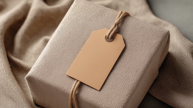 Elegant gift package wrapped in textured fabric with a blank tag attached, resting on a soft surface, creating a warm and inviting atmosphere for special occasions