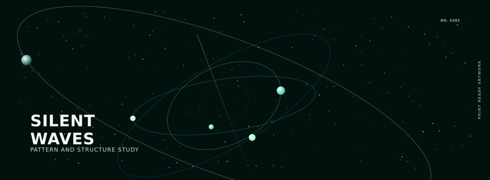 Abstract space poster with orbital paths and spheres on dark background