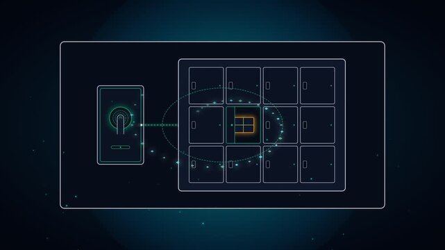 Abstract futuristic digital interface with glowing lines and geometric grid data visualization