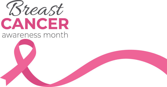 Breast cancer awareness month pink ribbon vector illustration featuring elegant typography and flowing curved shapes isolated on clean white background