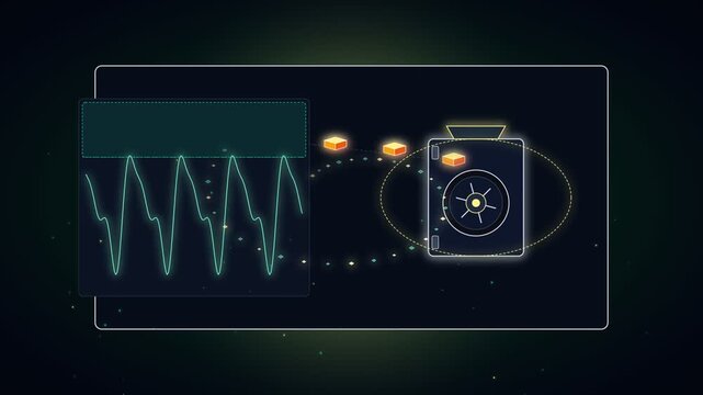 Futuristic digital interface displaying glowing sound wave graphs and data visualization elements in dark cyberspace