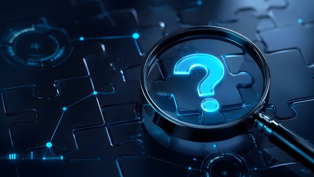 Glowing blue question mark puzzle piece under magnifying glass on dark futuristic digital background. Problem solving, FAQ, and technical support investigation concept.