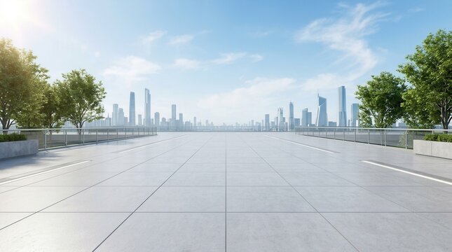 A blue sky backdrop and future architecture in an empty city park with a concrete floor, ideal for adding text or design.