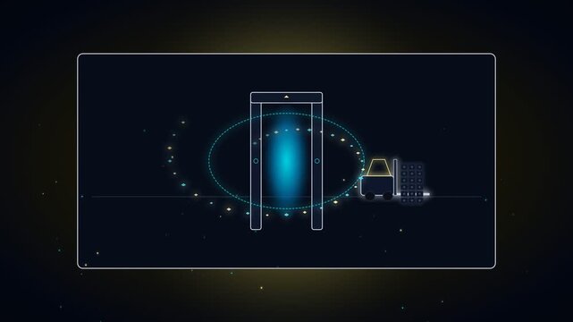 Futuristic security scanner checkpoint glowing with blue digital light in a dark technological environment