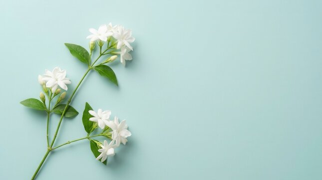 White Arabian jasmine blossoms arranged on a smooth cool toned background with copy space