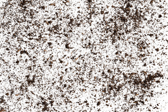 Finely scattered dark brown fertile soil particles dirt texture isolated on transparent background