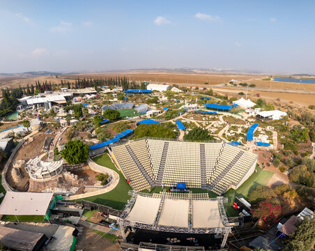 Mini Israel park, Israel - 06 November 2025: Aerial view of the Mini Israel park amphitheater featuring rows of seating, a stage with a canopy, and surrounding landscaped gardens.
