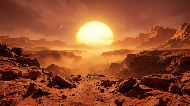 A realistic science fiction depiction featuring a sun over orange mountain ranges in a red planet desert.
