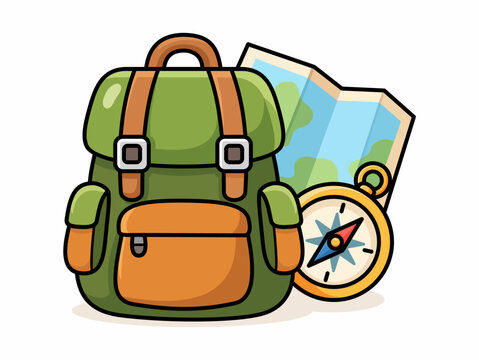 Backpacking Travel Doodle Icon &ndash; Backpack, Compass and Map Isolated on White Background