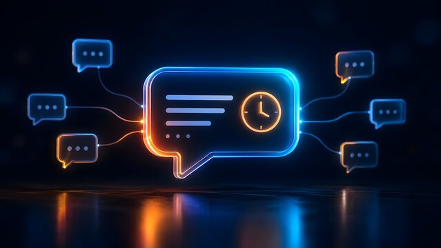 Scheduled messaging and digital communication concept. Glowing neon speech bubble with clock icon connected to multiple chat symbols on dark reflective background.