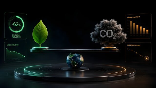 Carbon reduction data dashboard with balancing scale of green leaf and CO2 emission cloud. Net zero pathway, climate change and sustainability concept.