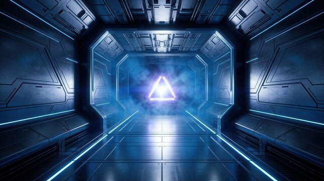 Glowing alien spaceship with triangular fog in a high tech corridor filled with abstract blue and white light lines