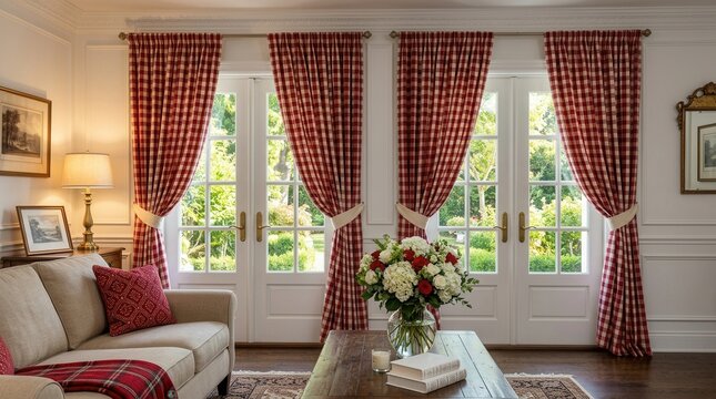 Red checkered curtains on elegant white windows for a charming home interior