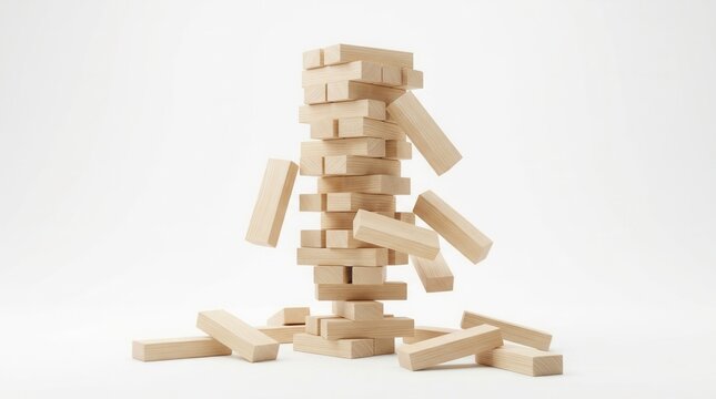 Unstable tower of wood blocks breaking down, Jenga style, on white background