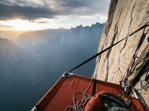 Portaledge camp on a granite cliff at sunrise