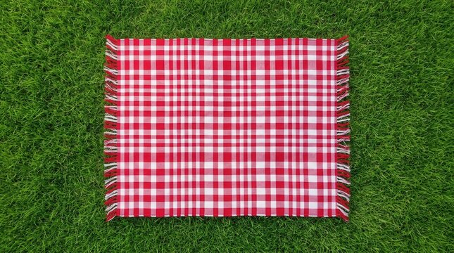 High-angle view of a red checkered picnic tablecloth on a natural grass outdoor surface